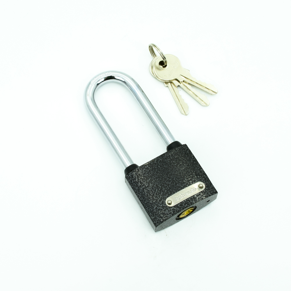 Замок навесной Bohrer ПД-63Д (удлиненная дужка сталь 10 мм, 3 ключа) (корпус чугун, резин. накладки на дужке) (с подвес)