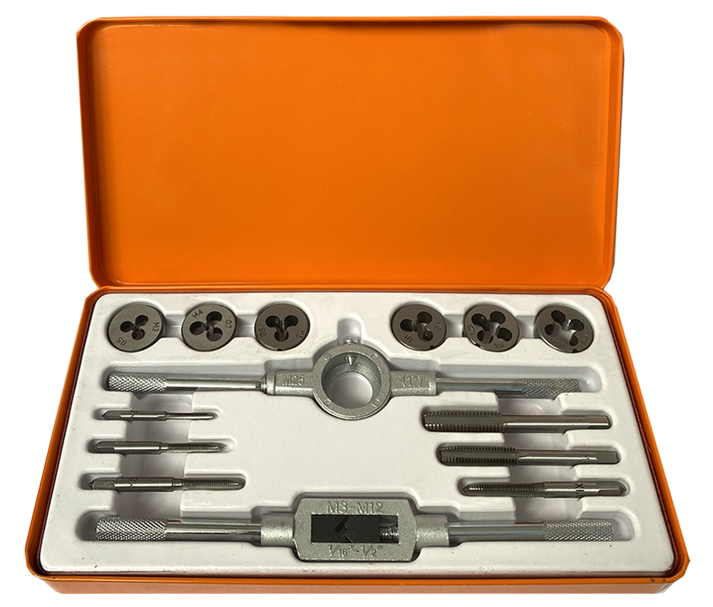 Набор Bohrer метчиков и плашек метрич. (М3х0,5/М4х0,7/М5х0,8/М6х1,0/М8х1,25/М10х1,5/вороток) (сталь 9ХС) (14 предметов)