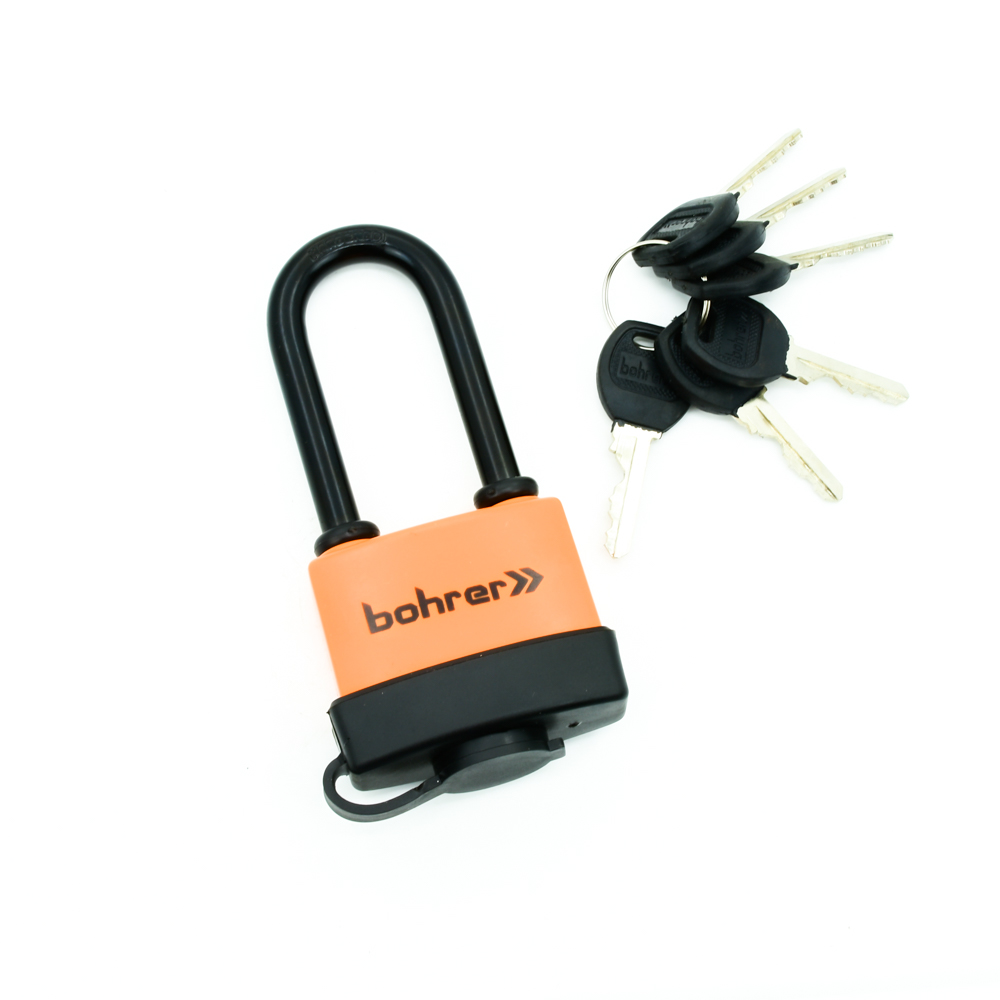 Замок навесной Bohrer ВП-47Д влагостойкий (удлиненная дужка) (дужка 6,5 мм, 6 ключей) (блистер)
