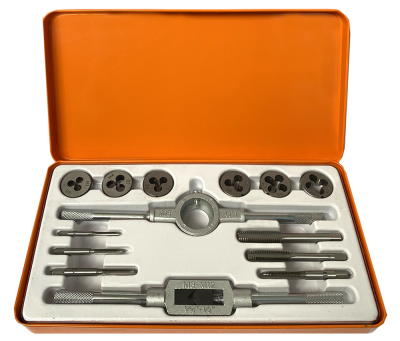 Набор Bohrer метчиков и плашек метрич. (М3х0,5/М4х0,7/М5х0,8/М6х1,0/М8х1,25/М10х1,5/вороток) (сталь 9ХС) (14 предметов)